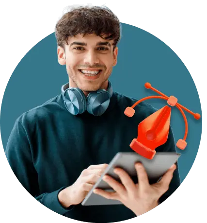 Joven feliz usando Escala CRM en Taller 5